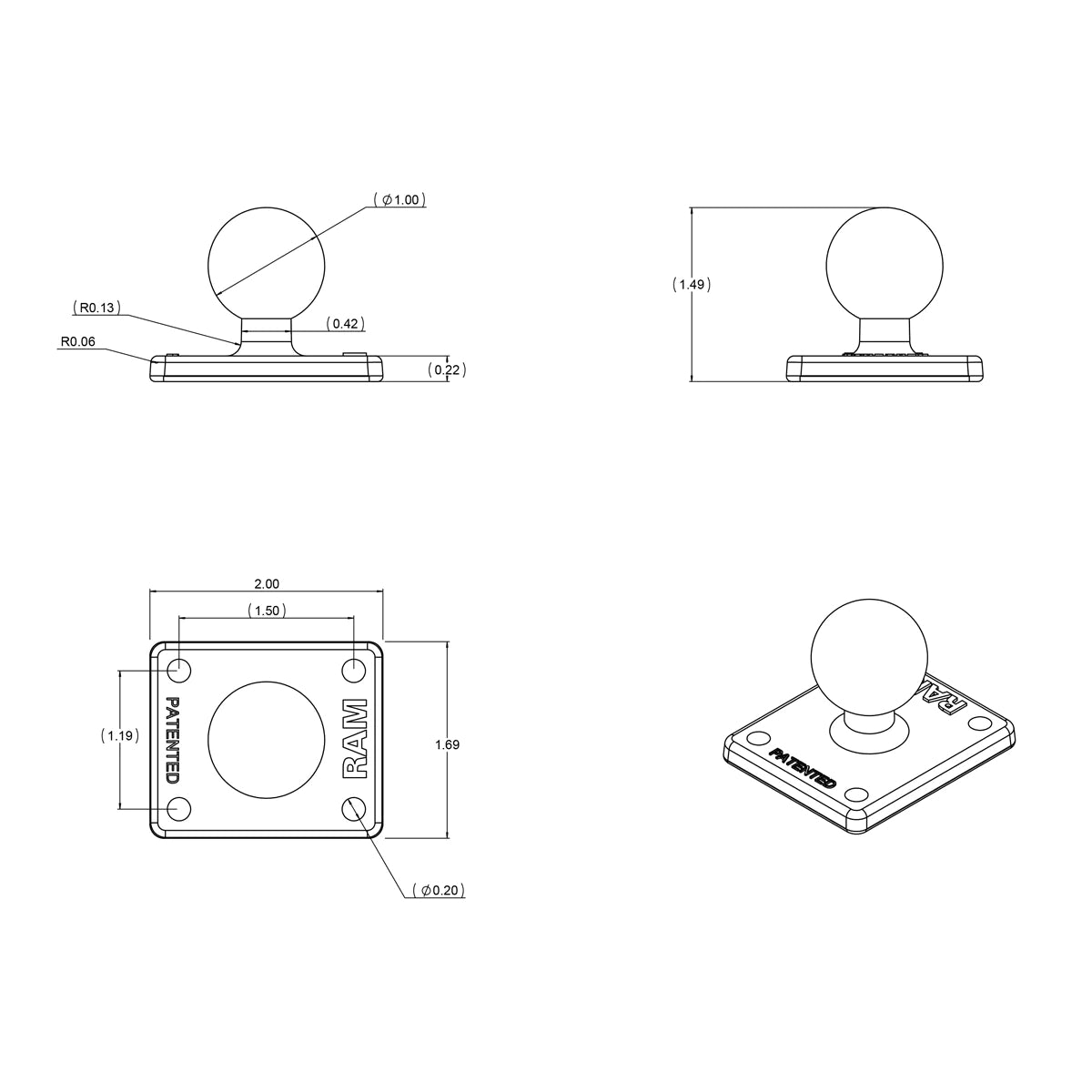 RAM Base with Ball & AMPs Pattern for Garmin zumo TomTom Rider & Urban Rider (RAM-B-347U)